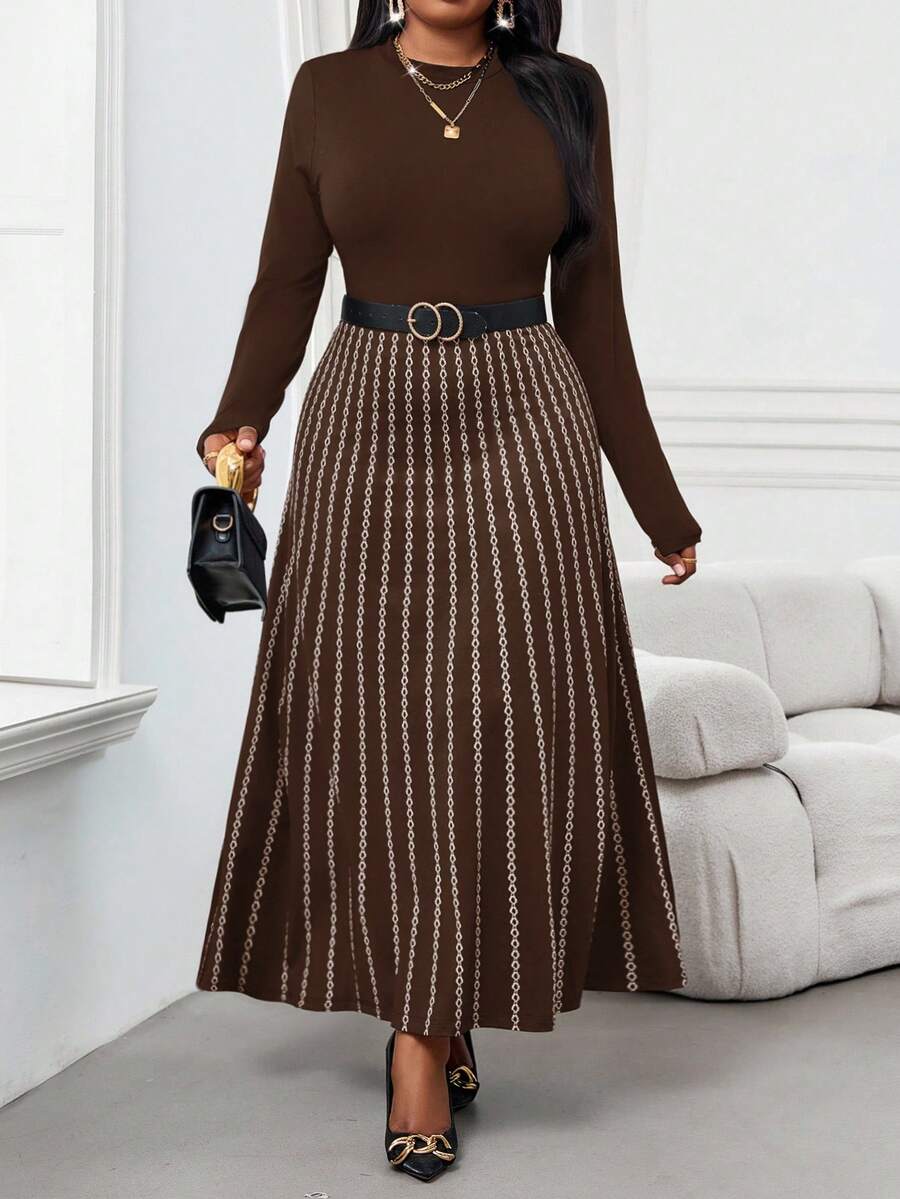 SHEIN Lady 秋冬优雅通勤办公室彩色棕色针织立领喇叭中长袖大码连衣裙冬季女装感恩节女装冬季服装长袖连衣裙冬季冬装冬装女士冬装冬装冬装女士冬装冬装女士休闲连衣裙女士休闲装女士休闲连衣裙 - 摩卡棕 - 查看 1