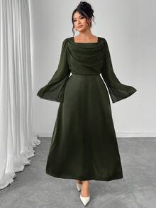 Modelyn Vestido de línea A de manga larga con cintura ceñida y patchwork de tallas grandes - Verde - Ver 7