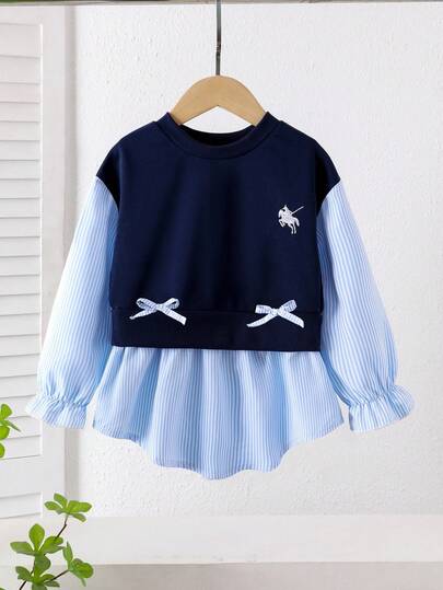 Genkimix Kids 女童藏蓝色针织拼接蓝白条纹长袖卫衣，时尚设计，百搭，马匹刺绣，儿童春秋单件卫衣