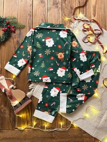 2 件套幼儿男童圣诞主题休闲宽松长袖开衫和裤子睡衣套装 - 綠色 - 查看 2