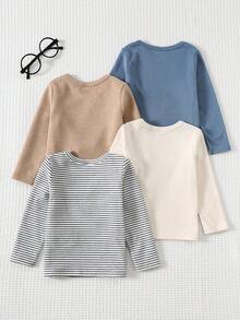 Cozy Pixies 4件套男婴/女婴柔软针织条纹纯色圆领长袖T恤和连体衣 - 彩色 - 查看 2