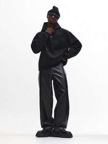 SUMWON Wide Leg Faux Leather Trousers With Contrast Stitch Design Versatile Urban Fashion Pants Modern Streetwear Statement Bottoms - Black - View 5