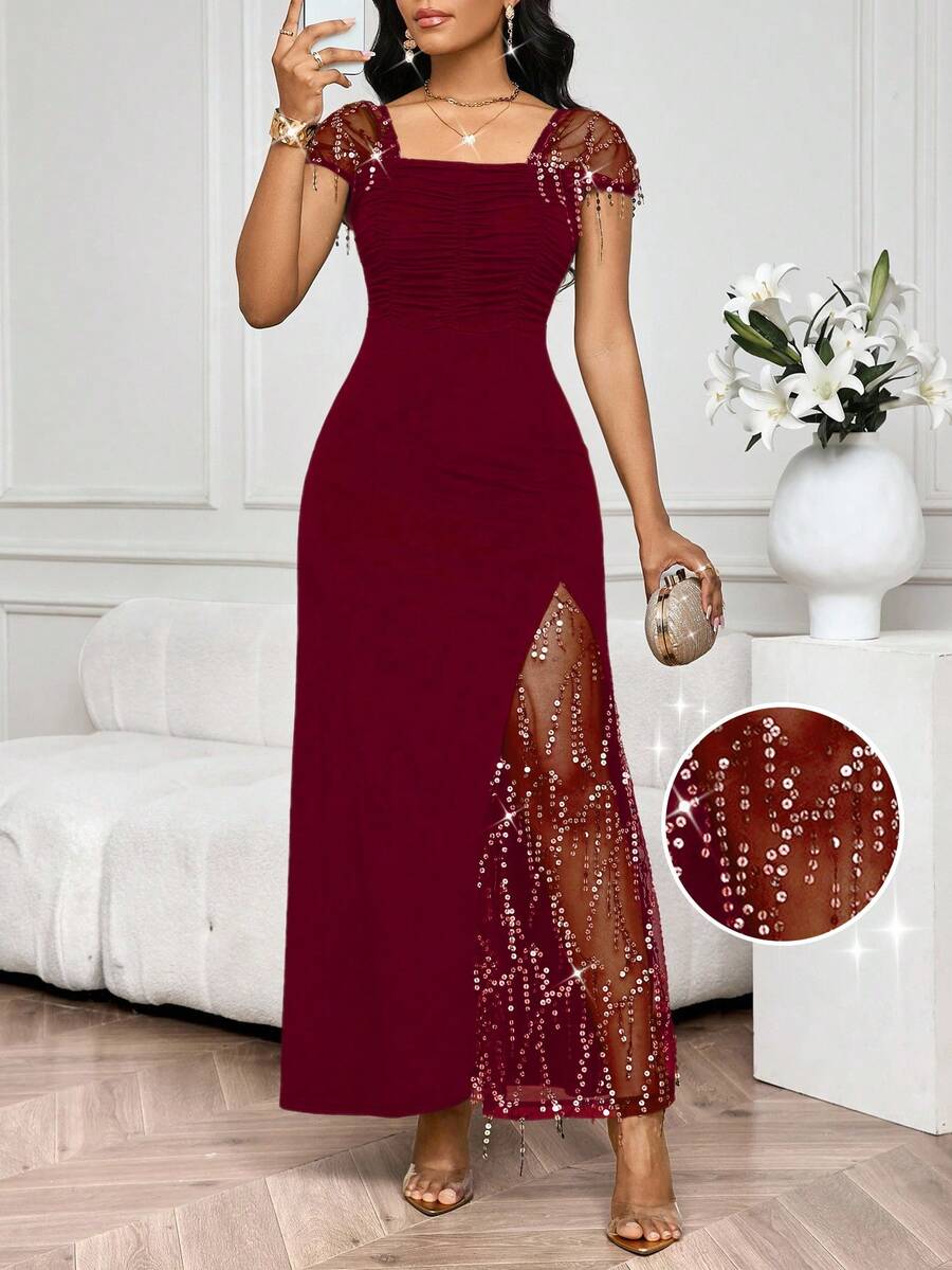 SHEIN Lady 2025 New Party Banquet Contrast Sequin Mesh Lace Trim Fitted Burgundy Dress Birthday&Event Dresses /Office Dresses /Church Dresses/Wedding Dresses /Holiday Dresses /Elegant Dress/ Party Dress/Wedding Guest Dress Women - Burgundy - View 1