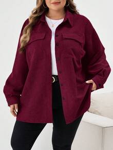 SHEIN CURVE+ 大码女式休闲纽扣长袖纯色夹克大码灯芯绒衬衫 8xl 女装大码大码衬衫曲线衬衫 6xl 加大女装，秋季女装冬季秋装/秋冬 - 酒紅色 - 查看 3
