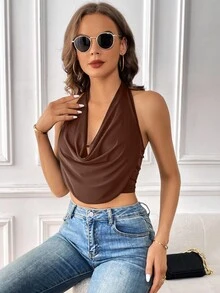 Firerie Women Solid Color Halter Neck Backless Drape Sexy Sleeveless Tank Top