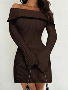 Firerie Elegant Sexy White Contrast Lace Patchwork Off Shoulder Flare Sleeve Cinched Waist Mini A-Line Sweater Dress, Autumn/Winter,Cozy Fall And Winter Clothes For Women