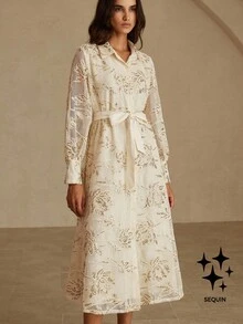 GENKIRA Váy dài tay thanh lịch cao cấp thêu kim sa lưới rỗng kiểu Pháp, cổ áo sơ mi rút dây - Màu be - Xem 3