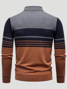 Manfinity Mode Men's Striped Long Sleeve Zip-Up Casual Sweater, Autumn - Rust Brown - View 2