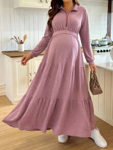 SHEIN Casual Solid Color Turndown Collar Nursing Dress - Dusty Pink - View 4