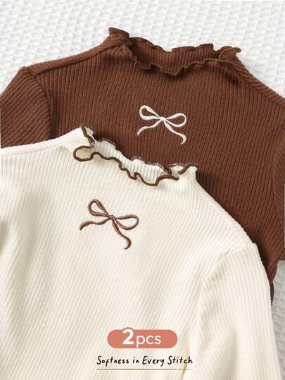 Cozy Pixies 2 件套女婴蝴蝶结针织柔软圆领长袖撞色荷叶边下摆连体衣套装