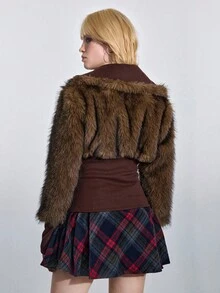 ROMWE Hippie Women's Fuzzy Zip-Up Collar Long Sleeve Jacket, Fashionable Regular Fit, Autumn/Winter - Brown - View 3