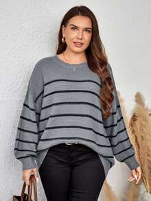 SHEIN Cottnline Plus Size Plus Size Loose Fit Colorblock Striped Pullover Sweater - Light Grey - View 5