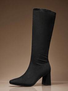 Solezae 最受欢迎女式斜角粗跟袜靴，半拉链闭合，黑色方头绒面革及膝靴，时尚贴合小腿，现代廓形，提升日常或夜间外出风格 - 黑色 - 查看 7