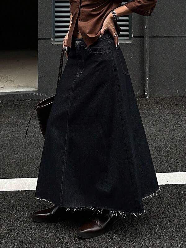 DAZY Women's Casual Loose Distressed Hem Long Denim Skirt Jeans Skirt