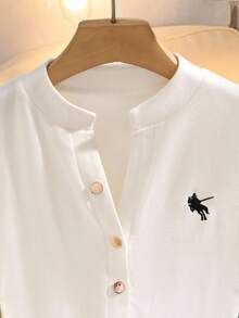 GlowEve 女式休闲刺绣纽扣T恤，带保暖衬里，秋冬 - 白色 - 查看 3