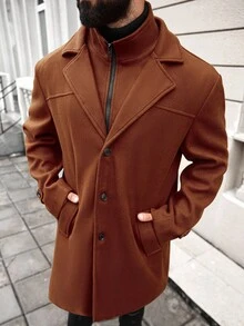 Manfinity Homme Men's Plus Size Zip Collar Long Sleeve Buttons Fashion Formal Business Knit Coat, Business Casual Coat For Going Out, Gifts For Friends, Husbands, Boyfriends Brown Outfit For Men Fall Clothes For Men Men Outerwear Brown Jacket Men Coat