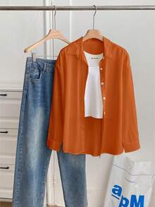 Resyla Women's Casual Loose Solid Color Button-Up Long Sleeve Shirt - Orange - View 6