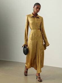 Lyxana 女士优雅金箔衬衫和不对称半身裙套装 - 金色 - 查看 6