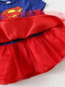SUPERMAN X Cozy Pixies 2pcs Baby Girl Superhero Pattern Knit Soft Round Neck Short Sleeve Waist Dress With Cape Set - Red - View 7