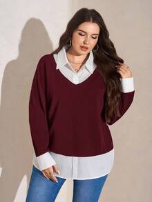 SHEIN LUNE Plus Size Women's Red & White Contrast Collar 2 In 1 Top, Thanksgiving New Years Winter Rave Burgundy Casual Top - Burgundy - View 4