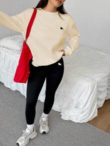 SHEIN EZwear 2pcs/Set Pony Pattern Loose Crew Neck Sweatshirt And Skinny Leggings, Suitable For Autumn/Winter - Apricot - View 6