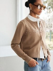 SHEIN Luminelle Áo len cardigan cổ tròn cài một hàng khuy đính đá thời trang - Màu nâu  Mocha - Xem 7