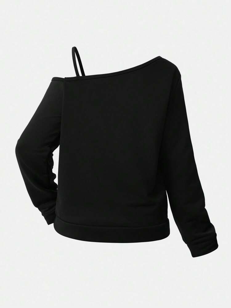 Girlism Teen Girl Casual Asymmetric Shoulder Strap Long Sleeve T-Shirt, Suitable For Summer, Casual, Sports, College Winter Fall Tops Festival, Halloween, Christmas, New Year, Christmas Gift Great For Casual & Daily Wear & School Daily In Autumn & Winter Autumn, Easy Comfort Tops Cozy Fall & Winter Styles Suitable For Autumn/Winter Daily Wear,Street Style, Home - Black - View 4