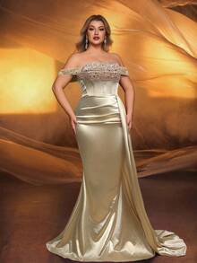 Glamrae Váy đuôi cá xếp ly xẻ tà bên hông bằng vải satin co giãn, sang trọng, tay lỡ màu đỏ tía, thanh lịch cỡ lớn, thích hợp cho đám cưới, tiệc tùng, ngày lễ, dạ tiệc, trang trọng buổi tối - Rượu sâm banh - Xem 5