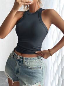 Breezaya Camiseta de tirantes informal de unicolor con cuello redondo y acanalada para mujeres en verano - Gris Oscuro - Ver 5