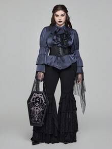 ROMWE EDITION 加大码中世纪复古深色哥特式蕾丝拼布长袖衬衫 - 灰色 - 查看 14