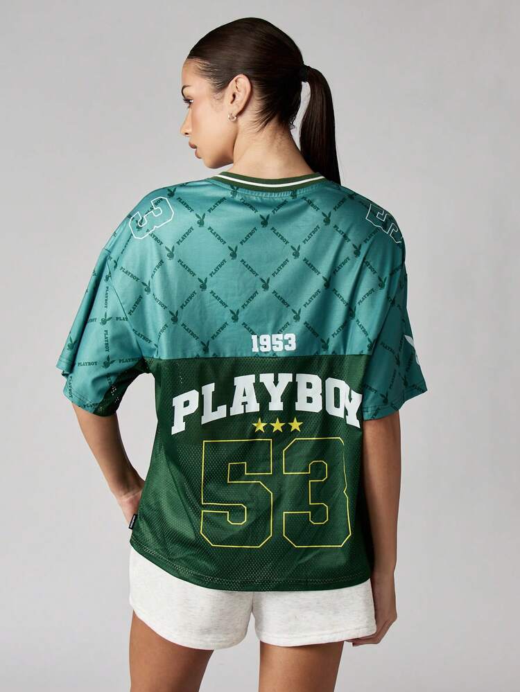 Missguided x Playboy Retro Style Varsity Jersey Football Top Color Block V-Neck Short Sleeve 1953 Vintage Style Graphic Logo Unisex Fashion Jersey