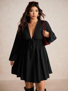 Elaquor Plus Size Solid Color Deep V-Neck Long Sleeve Tie Waist Dress Clothes For Women Spring - Black - View 5
