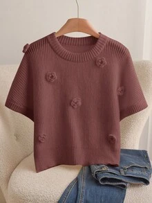 CosyJoli Plus Size Casual Elegant 3D Floral Round Neck Batwing Sleeve Loose Pullover Sweater,Slightly Sheer - Rust Brown - View 3