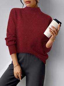 Firerie Sweater Lengan Panjang Kerah Tinggi Minimalis Warna Polos untuk Wanita, Cocok untuk Pakaian Sehari-hari di Musim Gugur/Dingin - Burgundy - View 3