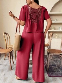 EMERY ROSE 大码休闲宽松纯色短袖T恤和裤子2件套女套装两件套女套装裤子2件套休闲套装女裤套装夏季套装大码两件套裤子套装 - 酒紅色 - 查看 2
