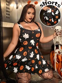 SHEIN EZwear 大码方领无袖荷叶边连体裤，万圣节 - 彩色 - 查看 4