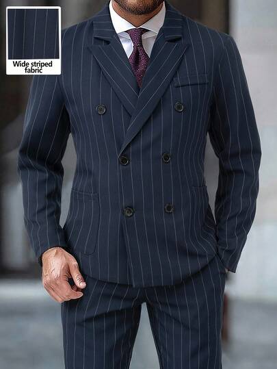 Manfinity Mode Men's Navy Blue And White Pinstripe Suit Set,Summer Classy Double-Breasted Lapel Blazer&Pants 2 Piece,Wedding Business Travel Formal Ceremony Suit