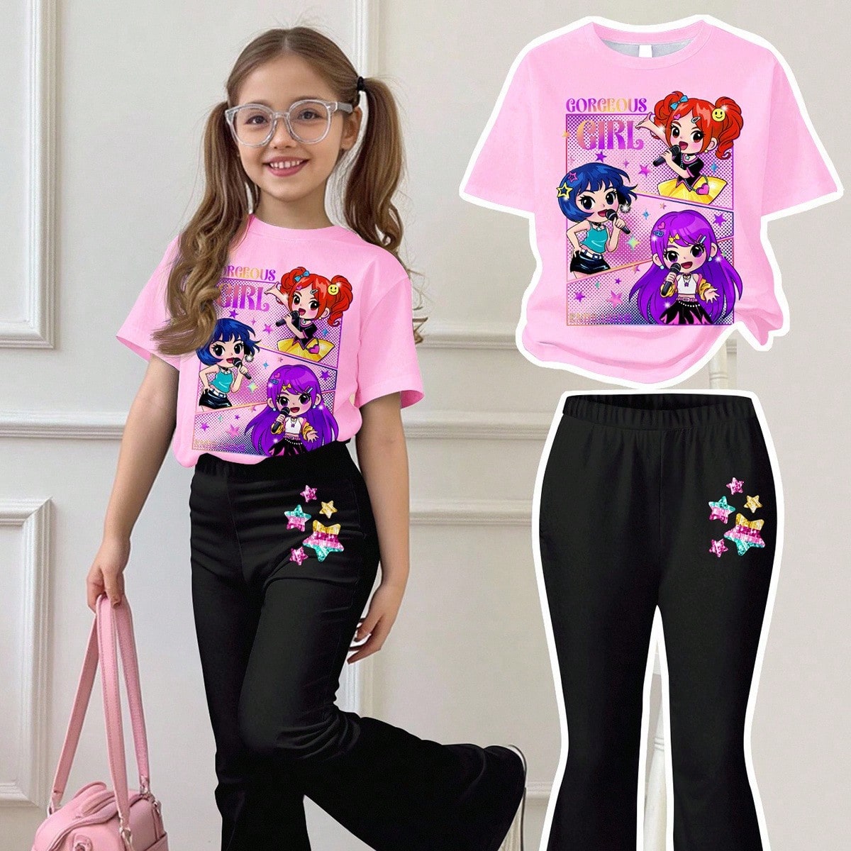 Conjunto de 2 piezas de camiseta de manga corta de cuello redondo holgada y pantalones acampanados, estilo casual para niña preadolescente, color lil