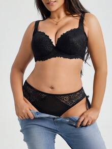 2pcs Plus Size Lace Contrast Mesh Underwire Bra Set, Lift - Black - View 5