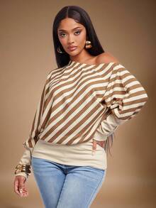 Radiana 女士性感舒适休闲不对称条纹不对称领蝙蝠袖针织上衣，长袖休闲针织毛衣，适合秋冬 - 彩色 - 查看 4