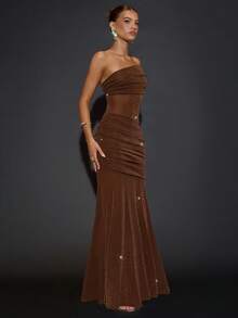 SHEIN BAE 棕色闪亮不对称露肩透明长裙优雅女士长裙、节日礼服、婚礼宾客礼服、生日礼服、棕色礼服、派对礼服、圣诞礼服 - 棕色 - 查看 4