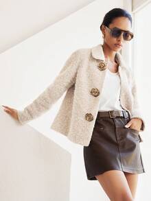 Lumivelle Stylish Women's Short Khaki Teddy Coat With Regular Sleeves Collar And Unique Gold Button Fastening - Khaki - View 5