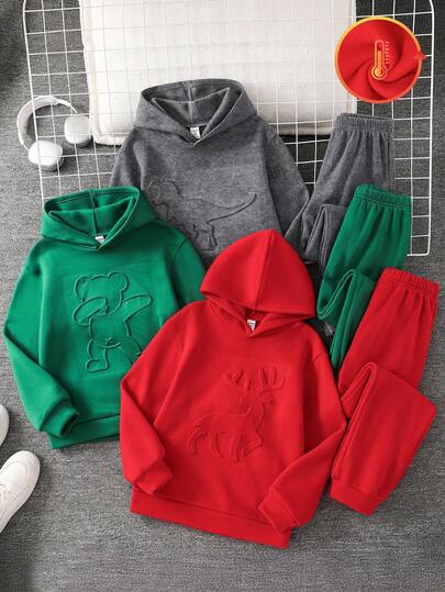 SHEIN 6pcs Kids/Tween Boys Casual Everyday Comfortable Letter Print Graphic Hooded Loose Pullover Sweatshirt And Relaxed Solid Color Sweatpants Knit Tracksuit Set, 3 Styles 1 Each, Suitable For School, New Year, Fall, Winter