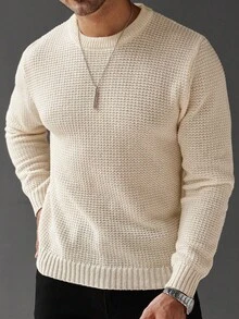 Manfinity Homme Pull col rond unicolore à manches longues pour hommes, pull casual. Pull en maille gaufrée pour l'automne/hiver, idéal pour les vacances - Beige - Voir 4