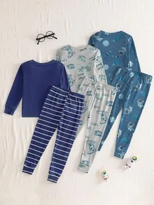 6 Stücke/Set Jungen Video Spiel & Astronaut Muster Eng anliegendes Langarm Oberteil und lange Hose Homewear Set
