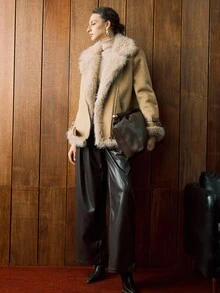 Arave 棕色超大领复古高端仿皮毛绒绒夹克