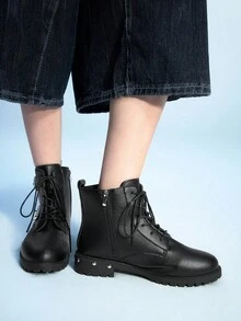 Sugerpunk Botas de plataforma gruesa con tacón grueso de PU negro, nuevas para primavera/otoño 2025. Botas de tobillo con cremallera lateral, remaches metálicos y estilo gótico británico oscuro para mujer - Negro - Ver 7