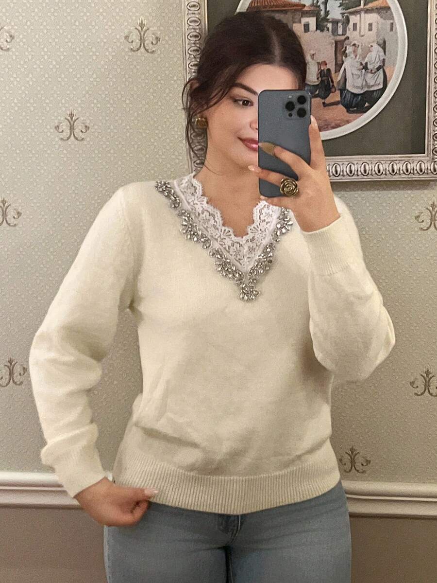 DAZY Women's Lace Patchwork Rhinestone V-Neck Sweater, Autumn - Beige - View 1