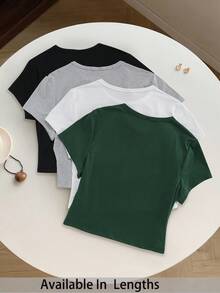 SHEIN Tall CURVE Plus Size 4-Piece Set Solid Color Cropped Round Neck Short Sleeve Fitted Women T-Shirt, Suitable For Summer - Dark Green - View 2