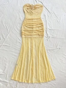 Soleia Women's Elegant Strapless Pale Yellow Lace Mermaid Midi Dress,Starfish Decor Semi-Sheer Ruffle Hem,Summer Beach Tropical Vacation Holiday Outfit - Light Yellow - View 2